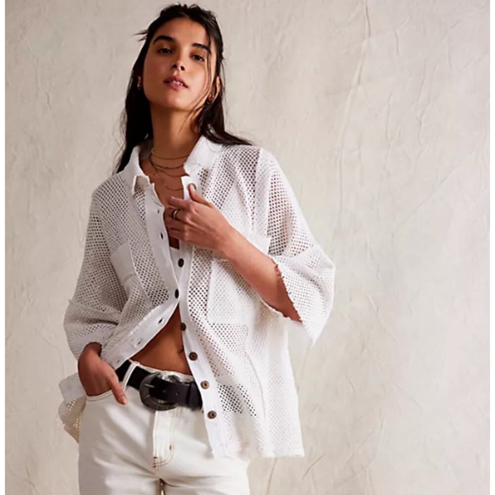 Free People Stay On Oversized Button Front Open Knit Shirt Blouse Top Ivory XS/S